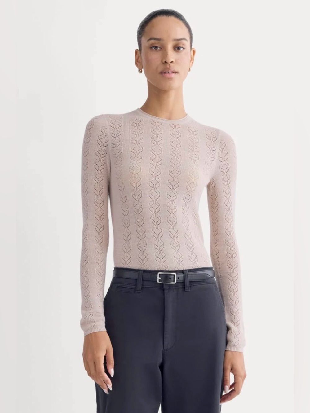 New Everlane THE POINTELLE CREW IN ULTRASOFT MERINO Pale Blush Size S